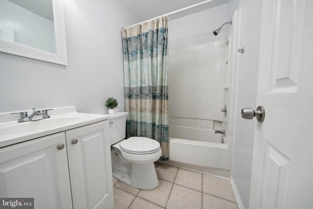 bathroom with tile patterned flooring, shower / bath combination with curtain, toilet, and vanity