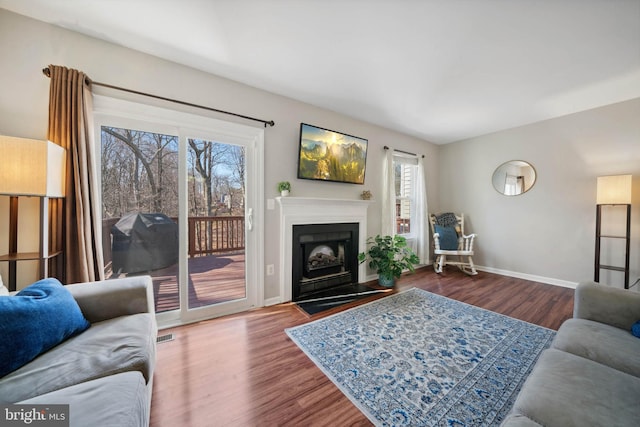 living area featuring a fireplace, baseboards, and wood finished floors