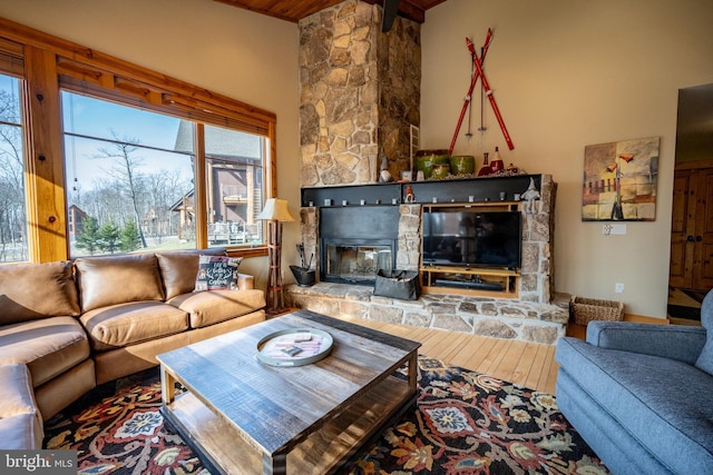 living room with wood finished floors and a fireplace