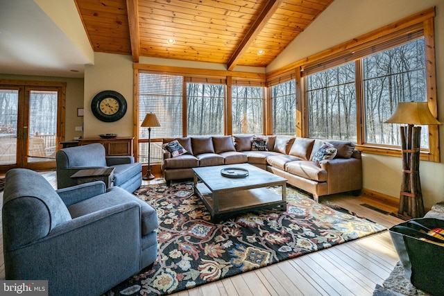 living room featuring wooden ceiling, plenty of natural light, hardwood / wood-style floors, and vaulted ceiling with beams