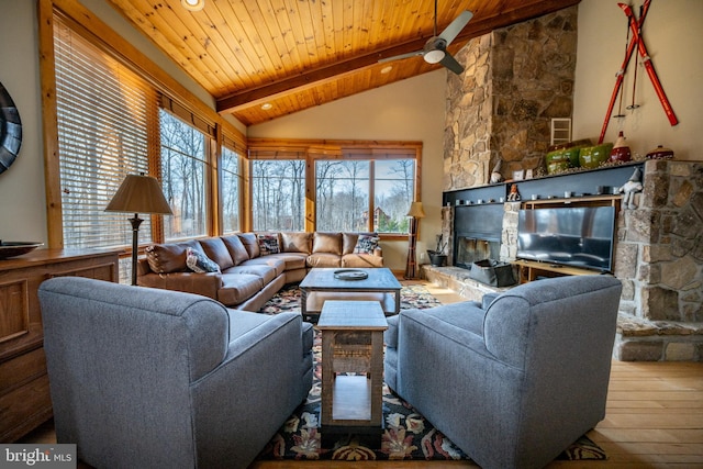 living area featuring beamed ceiling, high vaulted ceiling, wood-type flooring, wooden ceiling, and a fireplace