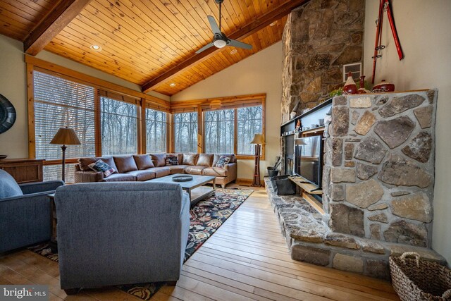 living room with beamed ceiling, wooden ceiling, high vaulted ceiling, and hardwood / wood-style flooring