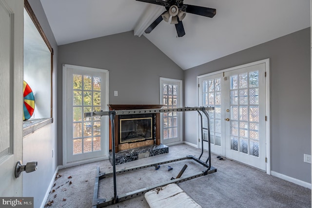 exercise area with a healthy amount of sunlight, vaulted ceiling, carpet flooring, and french doors