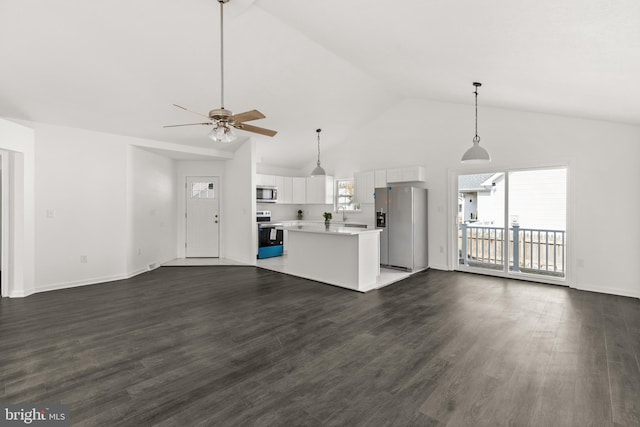 unfurnished living room featuring high vaulted ceiling, ceiling fan, baseboards, and dark wood finished floors