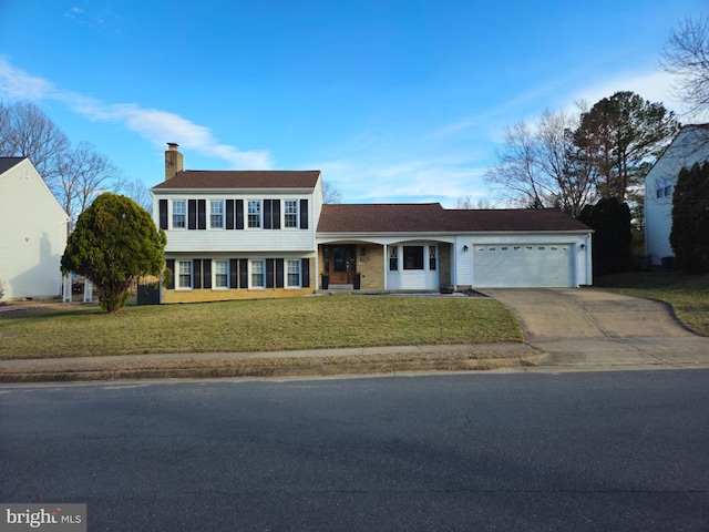 split level home with a chimney, an attached garage, concrete driveway, and a front lawn