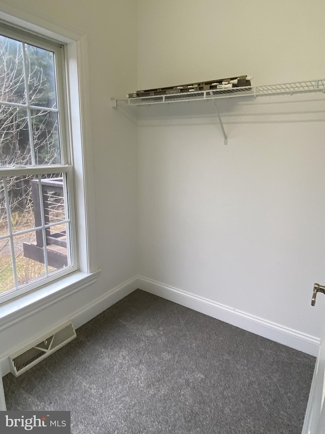 walk in closet featuring visible vents and dark carpet