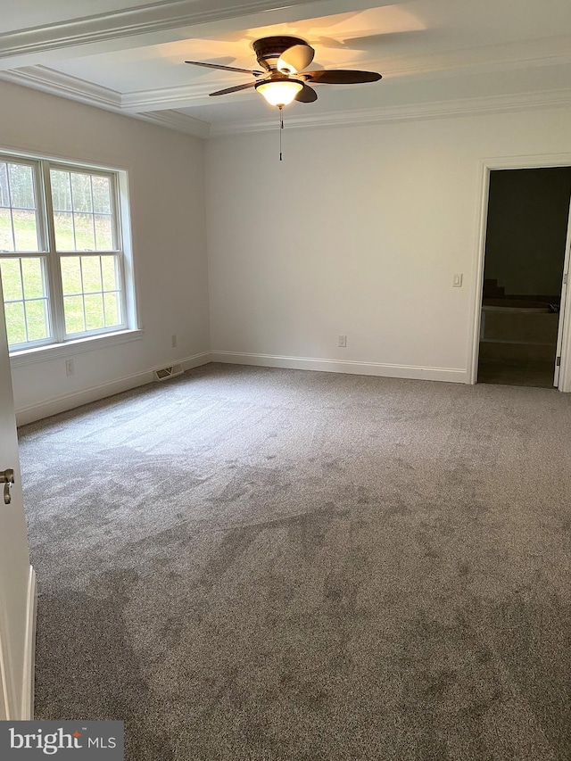 unfurnished room with carpet, baseboards, and crown molding