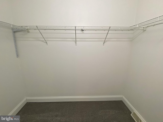 walk in closet featuring dark colored carpet