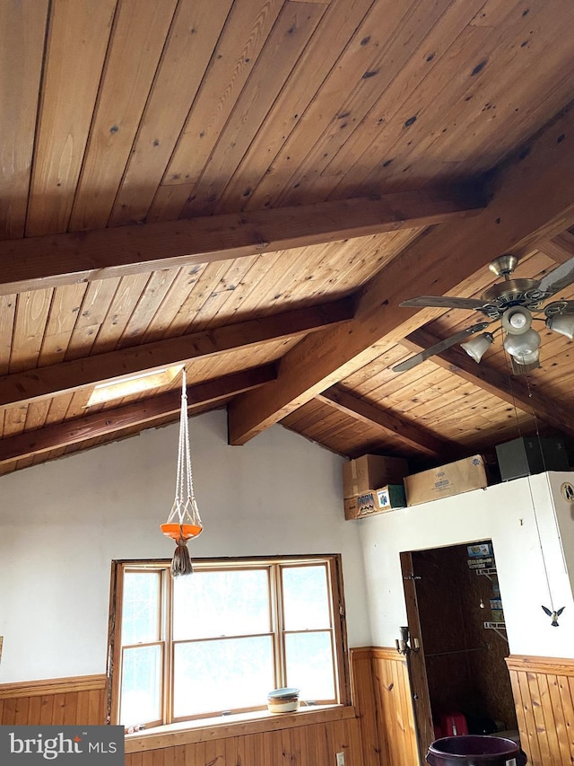 interior details featuring a wainscoted wall, beamed ceiling, and wooden ceiling