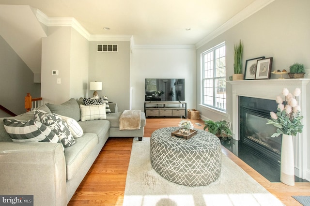 living room featuring a fireplace with flush hearth, wood finished floors, visible vents, and crown molding