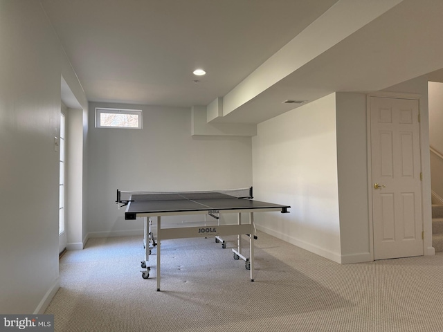 game room with recessed lighting, baseboards, visible vents, and carpet flooring