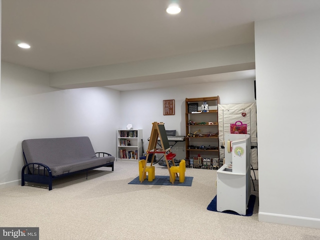 playroom with baseboards, carpet, and recessed lighting