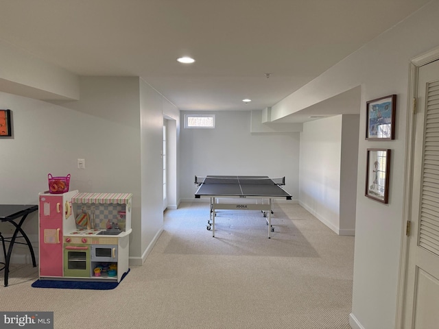 rec room featuring baseboards, carpet flooring, and recessed lighting