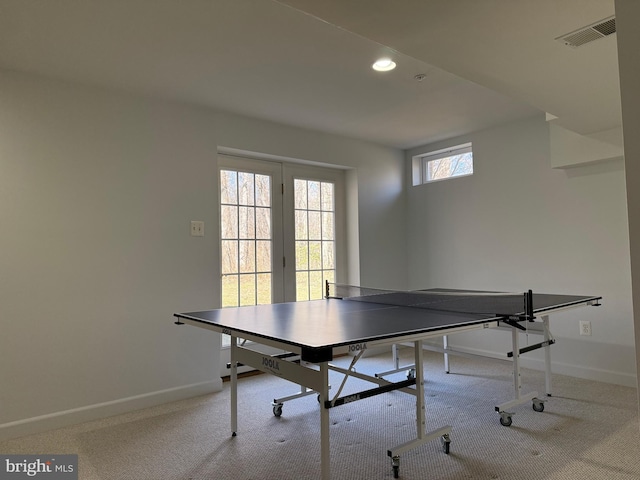 game room with carpet, visible vents, baseboards, and recessed lighting