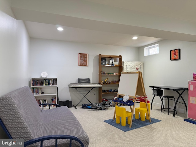 recreation room featuring carpet flooring and recessed lighting