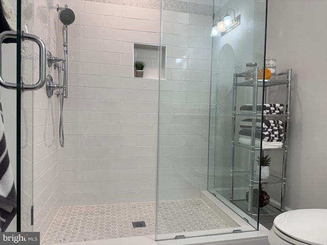 full bathroom featuring a stall shower and toilet