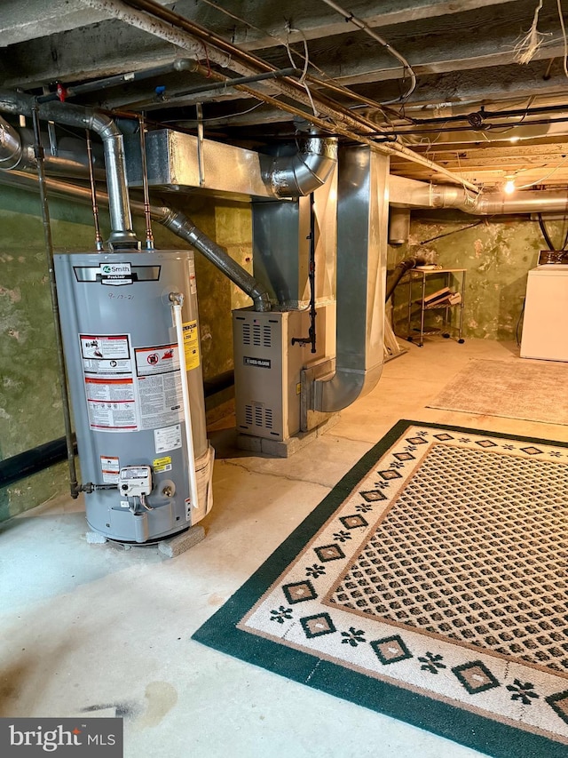 unfinished basement with washer / clothes dryer, water heater, and heating unit