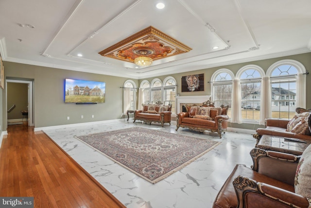 2205 Dhow Ct, Bowie, MD 20721 - living area with a raised ceiling, crown molding, recessed lighting, and marble finish floors