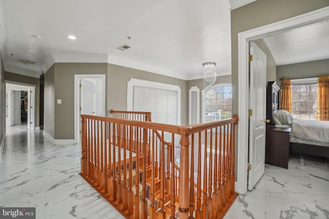 2205 Dhow Ct, Bowie, MD 20721 - corridor with an upstairs landing, marble finish flooring, recessed lighting, crown molding, and a chandelier