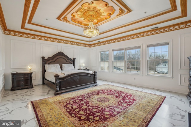 2205 Dhow Ct, Bowie, MD 20721 - bedroom featuring a raised ceiling, a chandelier, marble finish floors, and ornamental molding