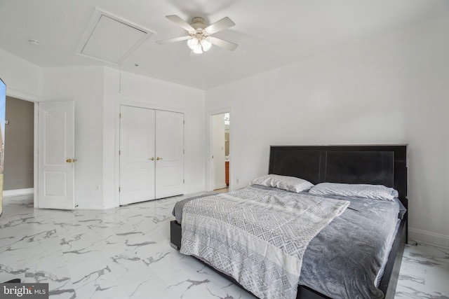 2205 Dhow Ct, Bowie, MD 20721 - bedroom featuring attic access, marble finish floors, a closet, and ceiling fan