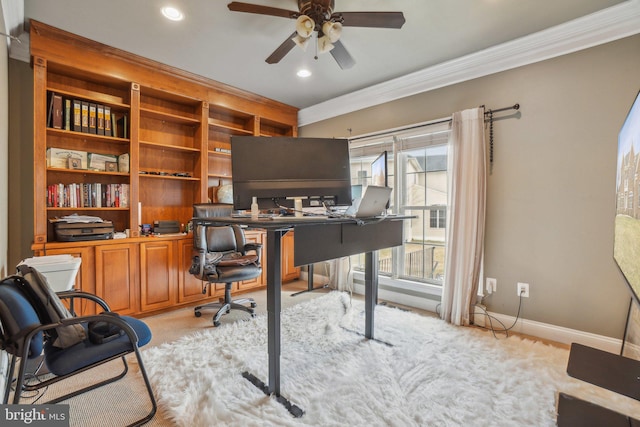 2205 Dhow Ct, Bowie, MD 20721 - home office featuring a ceiling fan, crown molding, recessed lighting, and light colored carpet