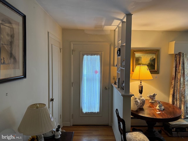 foyer entrance with wood finished floors and a healthy amount of sunlight