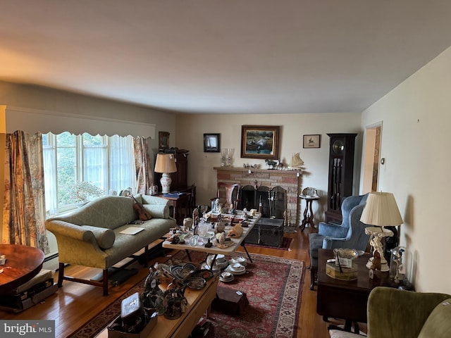 living room with a fireplace with raised hearth, a baseboard heating unit, and wood finished floors