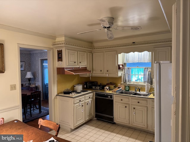 kitchen with cooktop, under cabinet range hood, dishwasher, ornamental molding, and a sink