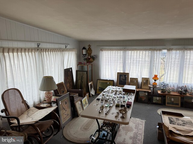 living area featuring lofted ceiling and carpet floors