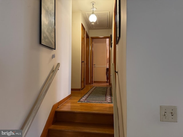 hall featuring an upstairs landing and wood finished floors