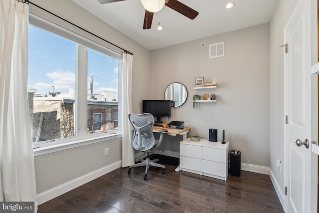 home office with visible vents, dark wood-type flooring, baseboards, ceiling fan, and recessed lighting