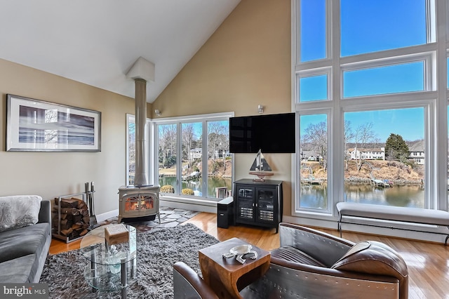 living area with a wood stove, wood finished floors, and high vaulted ceiling