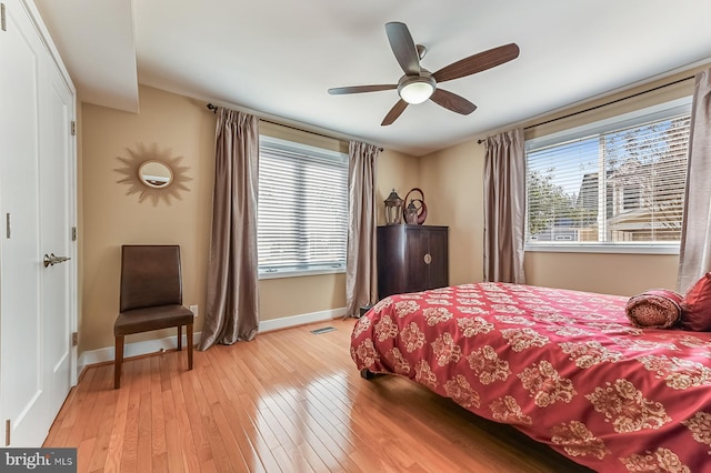 bedroom with visible vents, light wood-style flooring, baseboards, and multiple windows