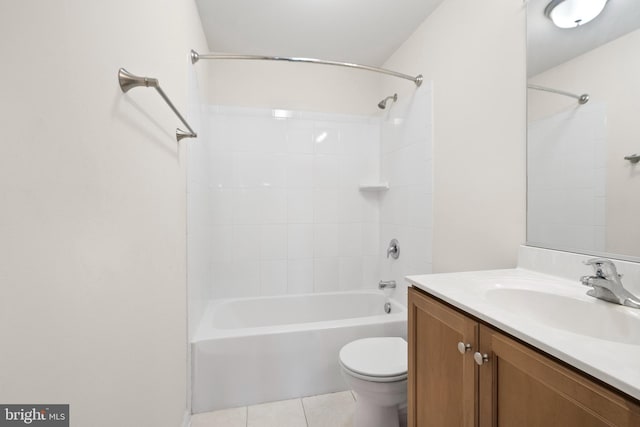 bathroom featuring tile patterned floors, shower / bathing tub combination, toilet, and vanity