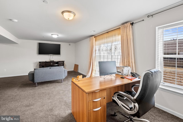 carpeted office space with plenty of natural light and baseboards