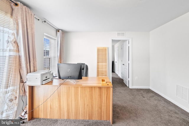 home office with carpet, visible vents, and baseboards