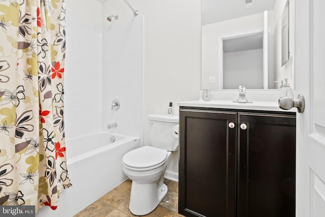 bathroom with toilet, vanity, baseboards, and shower / bathtub combination with curtain