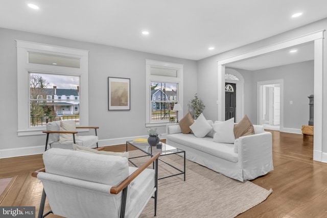 living area featuring baseboards, wood finished floors, and recessed lighting