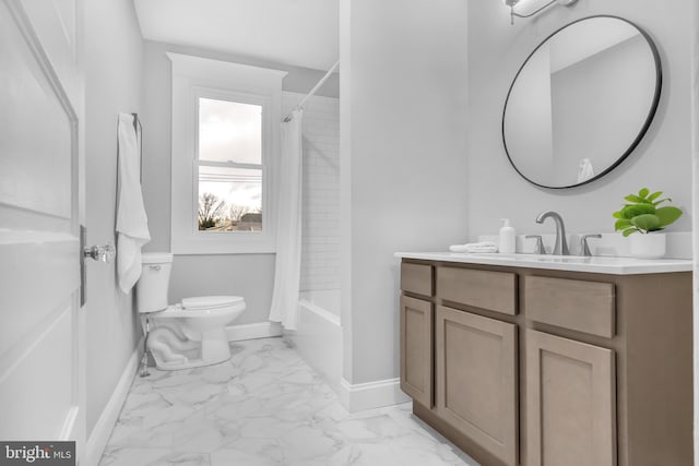 bathroom featuring shower / tub combo, baseboards, toilet, marble finish floor, and vanity