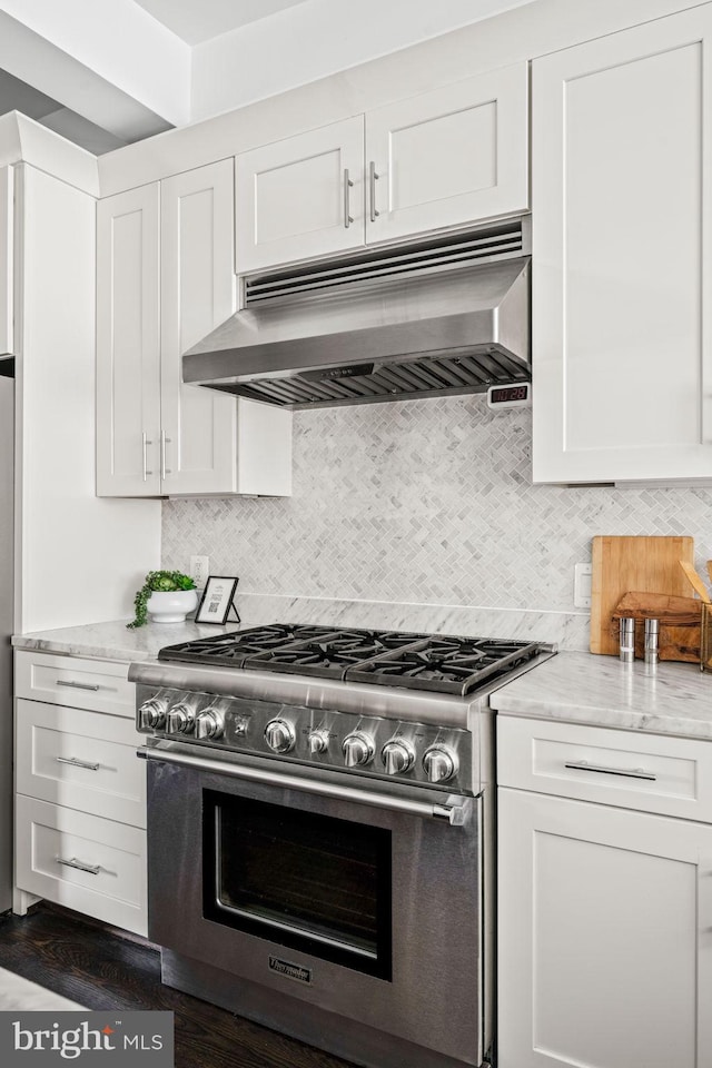 kitchen featuring under cabinet range hood, white cabinets, light stone countertops, tasteful backsplash, and stainless steel range