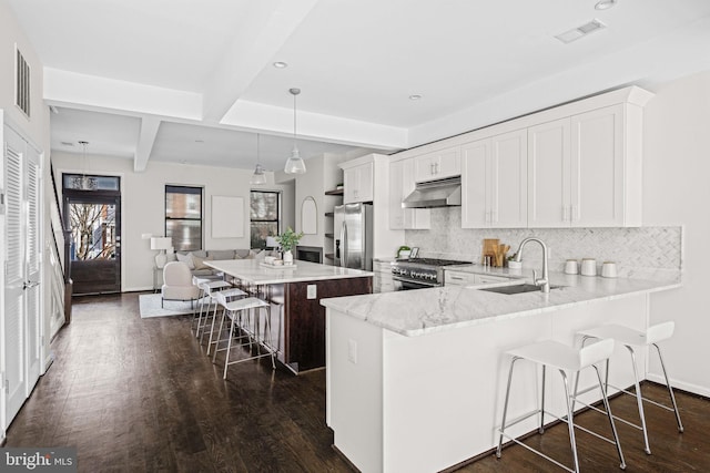 kitchen with a breakfast bar area, stainless steel appliances, tasteful backsplash, a sink, and under cabinet range hood