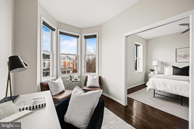 bedroom featuring dark wood-style flooring, multiple windows, and baseboards