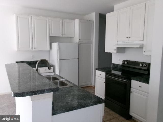 kitchen featuring black range with electric stovetop, a sink, white cabinetry, and under cabinet range hood