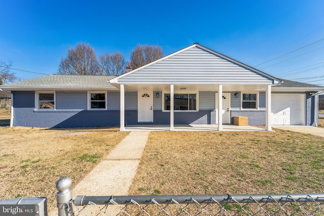 single story home with brick siding, an attached garage, a porch, and a front lawn