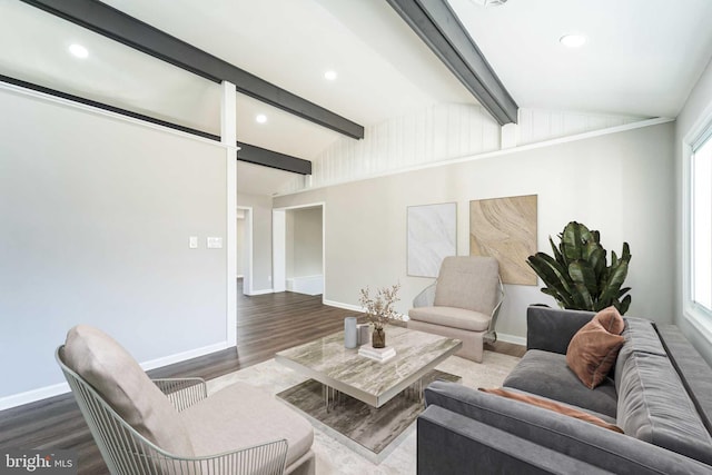 living area featuring recessed lighting, baseboards, wood finished floors, and vaulted ceiling with beams