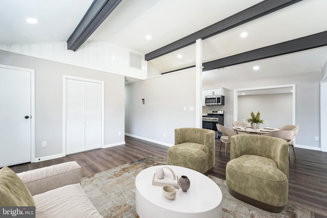 living room featuring visible vents, baseboards, dark wood-style floors, and vaulted ceiling with beams