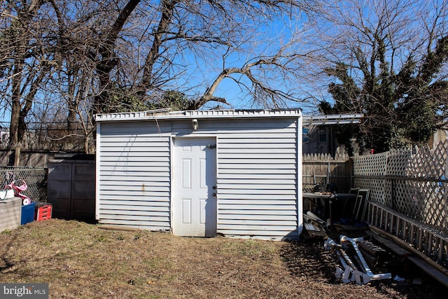 view of shed with a fenced backyard