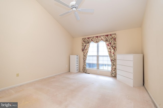 unfurnished room featuring high vaulted ceiling, baseboards, ceiling fan, and carpet floors