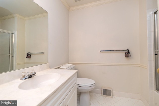 bathroom with visible vents, toilet, a shower with door, crown molding, and vanity